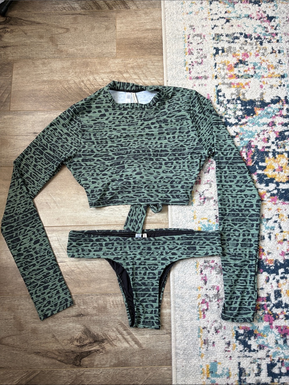 BCBGeneration Green Leopard Print Long Sleeve Bikini Set